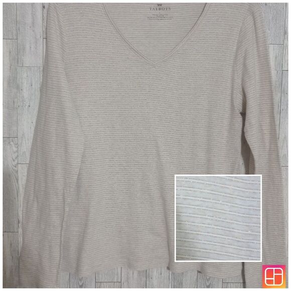Talbots Top‎ Metallic Stripe Long Sleeve V-Neck Cream Size Large - Picture 1 of 6